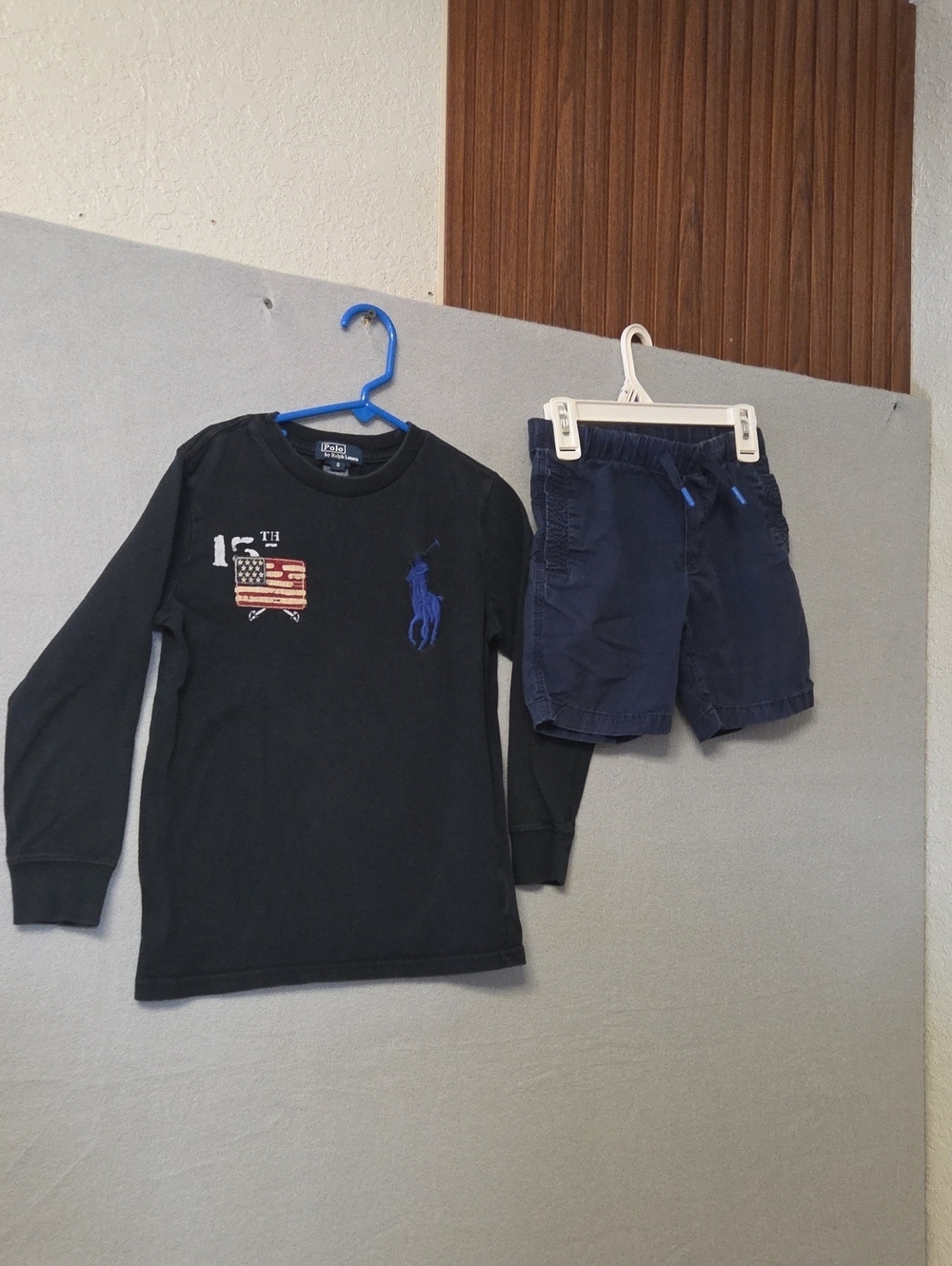 Polo Ralph Lauren Boys Size 5 Set Black Big Pony Long Sleeve Tee & Navy Shorts